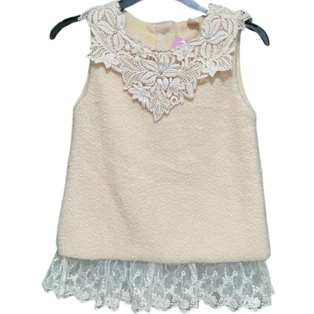 Girls White Cream Fuzzy Lace and Pearl Collared Sleeveless Dress NWT
